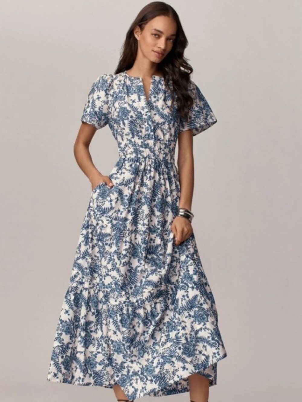 Anthropologie Somerset Tiered Maxi Dress Floral Blue